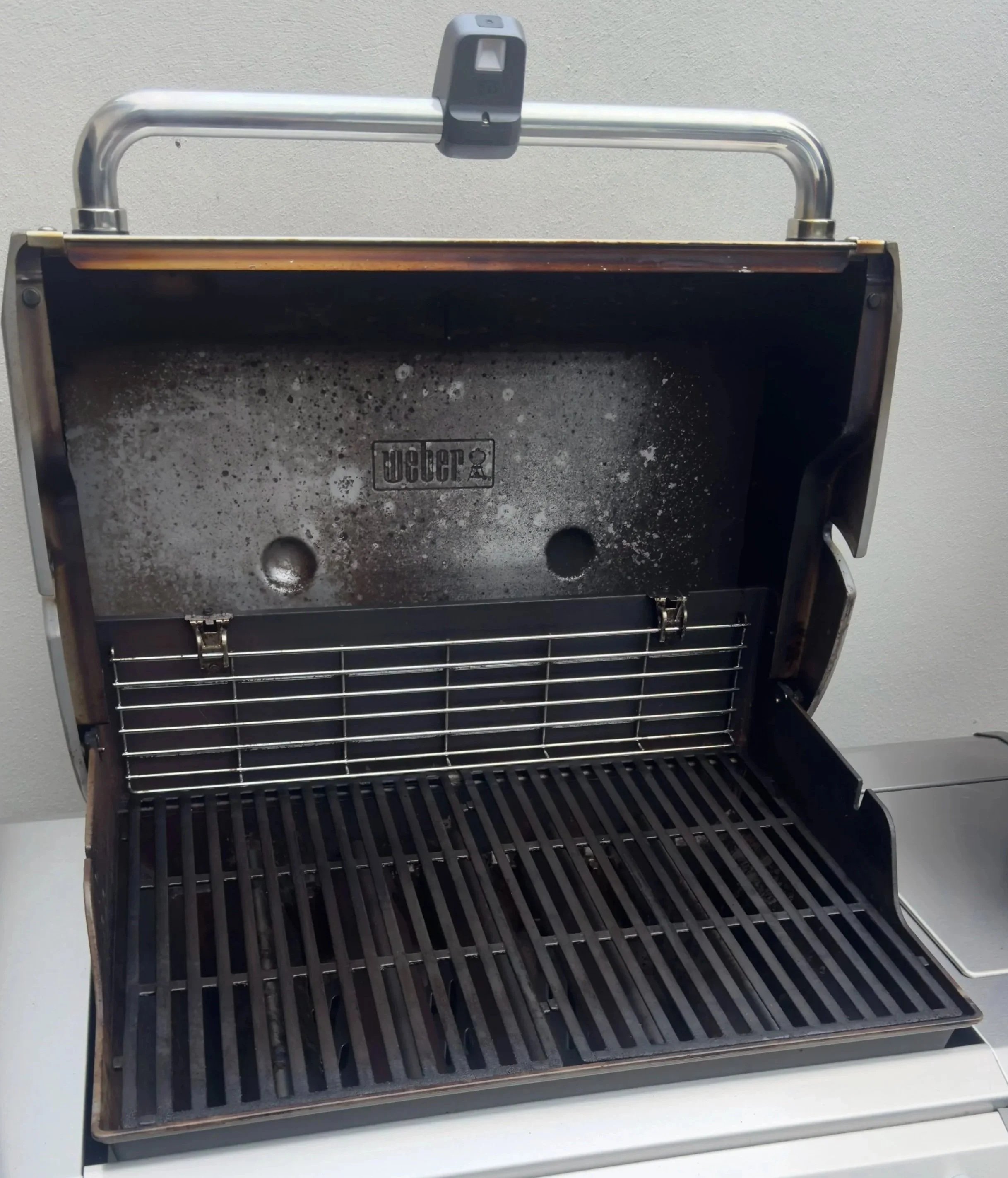 Open Weber gas grill with no food, showing grates and interior surface graffiti.
