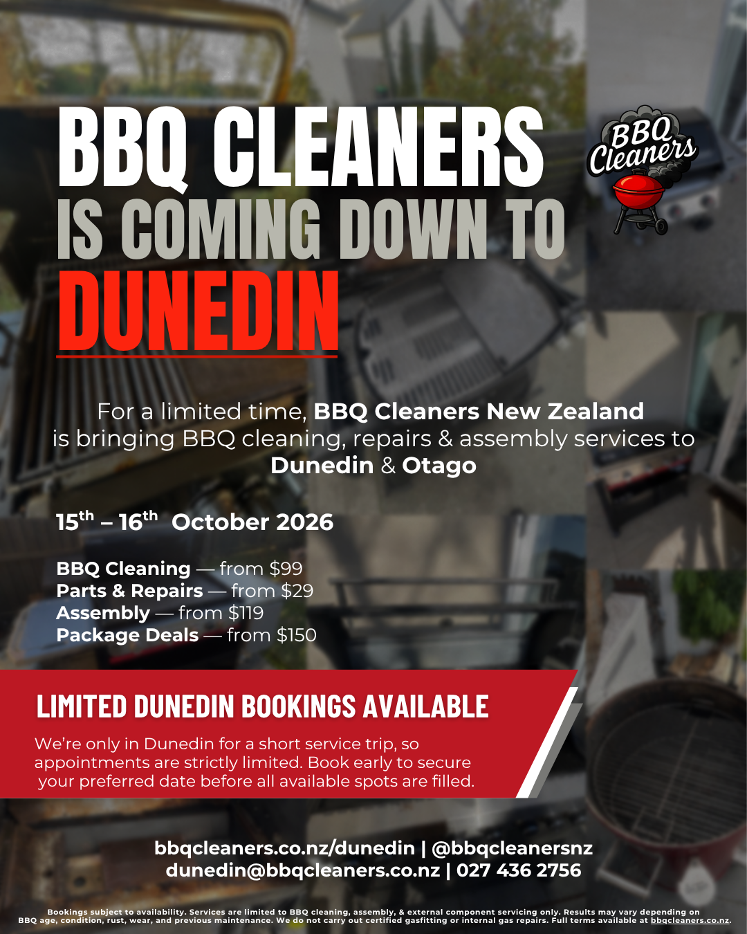 Flyer announcing BBQ Cleaners coming to Dunedin, New Zealand on October 15-16, 2026, with services including BBQ cleaning, repairs, assembly, and package deals, with a red banner emphasizing limited booking availability.