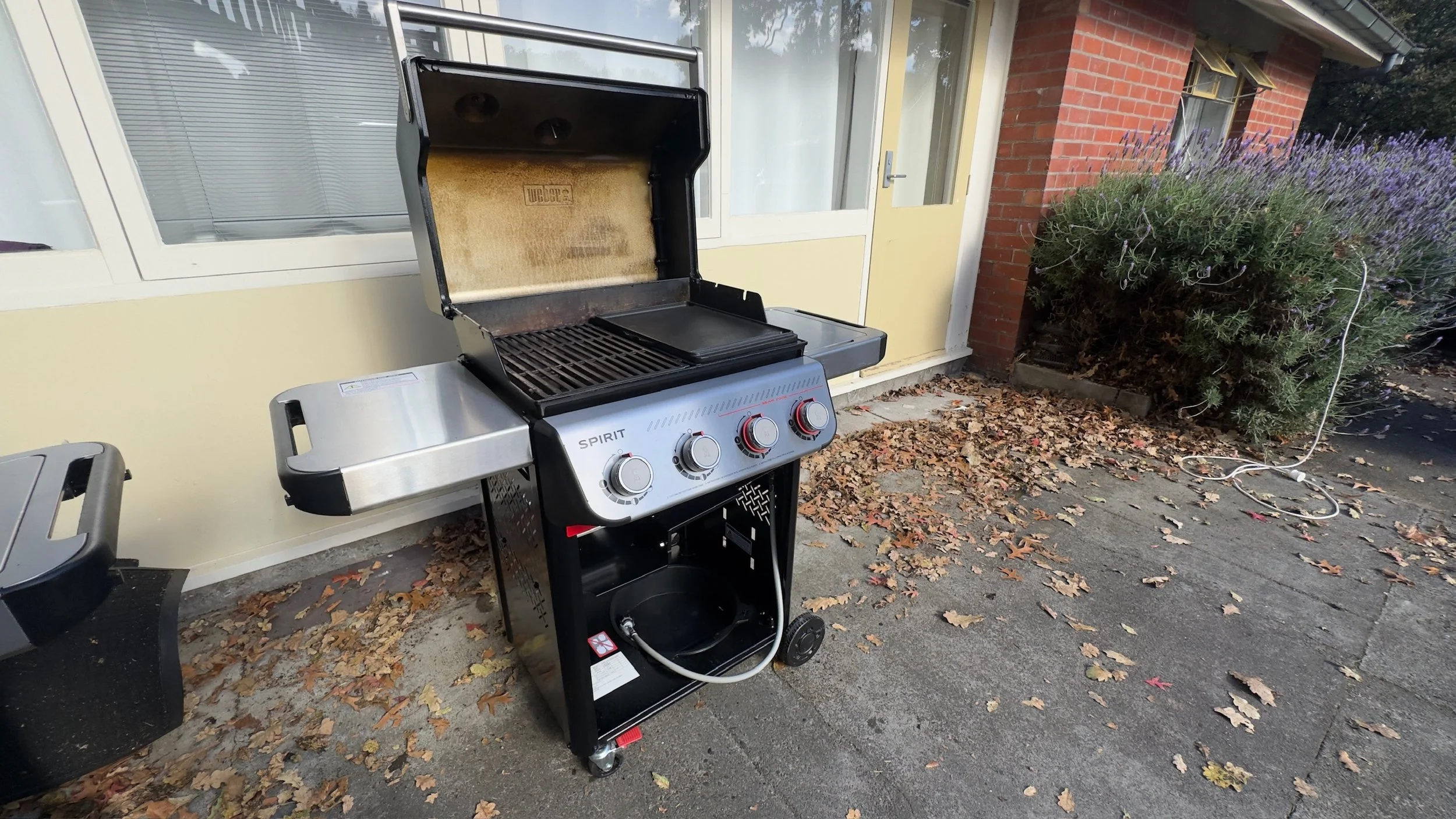 Outside view of a black gas grill with an open lid, positioned on a concrete patio next to a yellow building with large windows and a door. There are fallen leaves on the ground, a wooden bench partially visible on the left, a blooming purple flowering bush on the right, and a brick wall in the background.