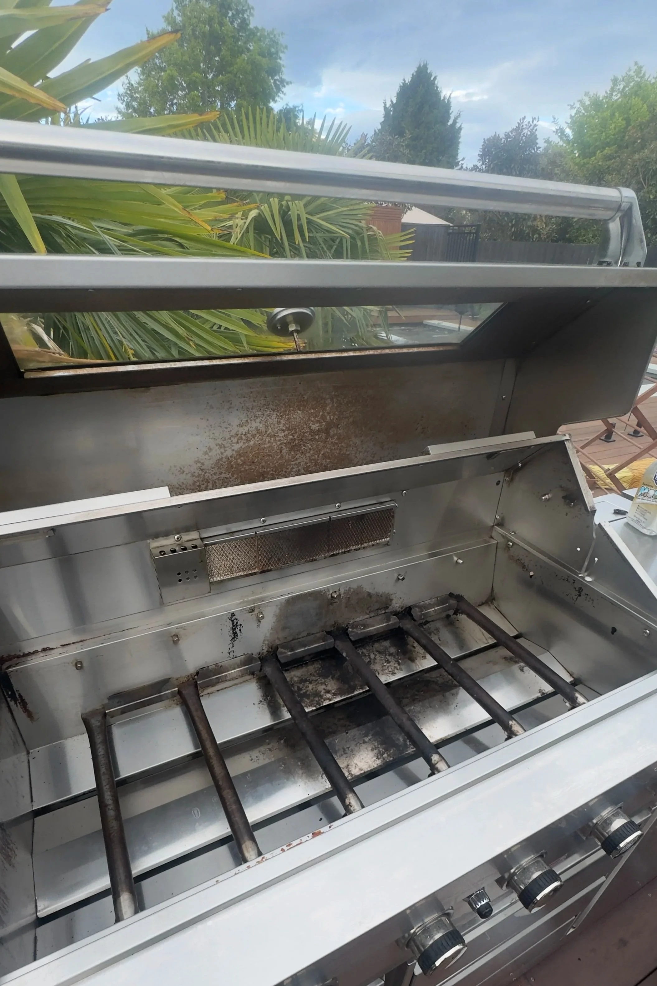 Empty stainless steel gas grill with five rusty burners, some soot and grease residue, and a vent at the back, outdoors with trees and a cloudy sky in the background.