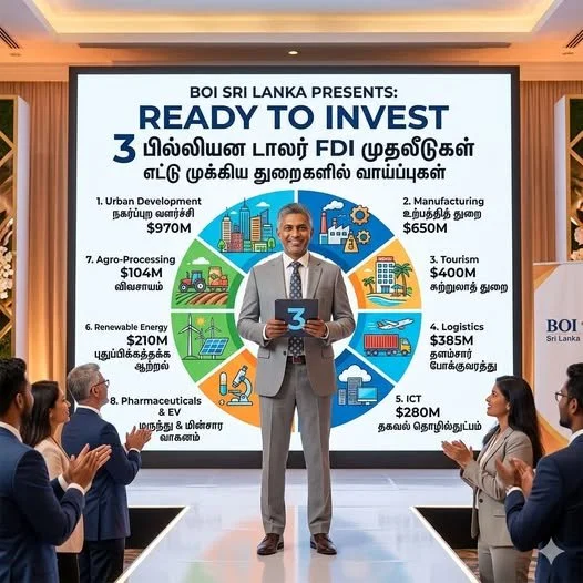 A man in a gray suit holding a tablet with the number 3 standing in front of a large screen displaying investment opportunities in Sri Lanka. The screen features a colorful infographic with sectors like Urban Development, Manufacturing, Tourism, Logistics, ICT, Pharmaceuticals & EV, Renewable Energy, and Agro-Processing, each with investment figures. Five people, four women and one man, are seated on the stage clapping.