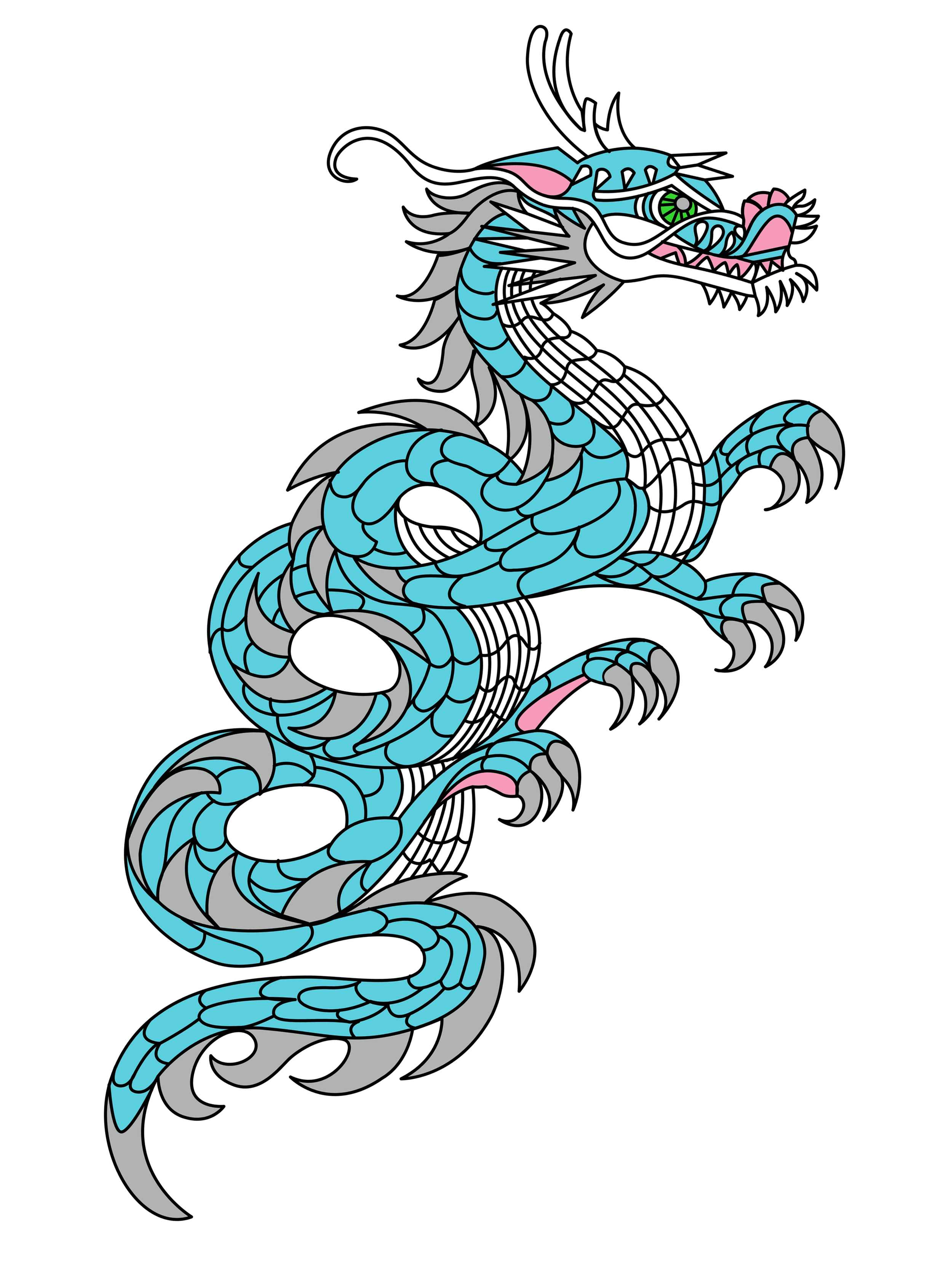 Teal, silver and white ascending Japanese dragon coiled like a tornado (Tastumaki)