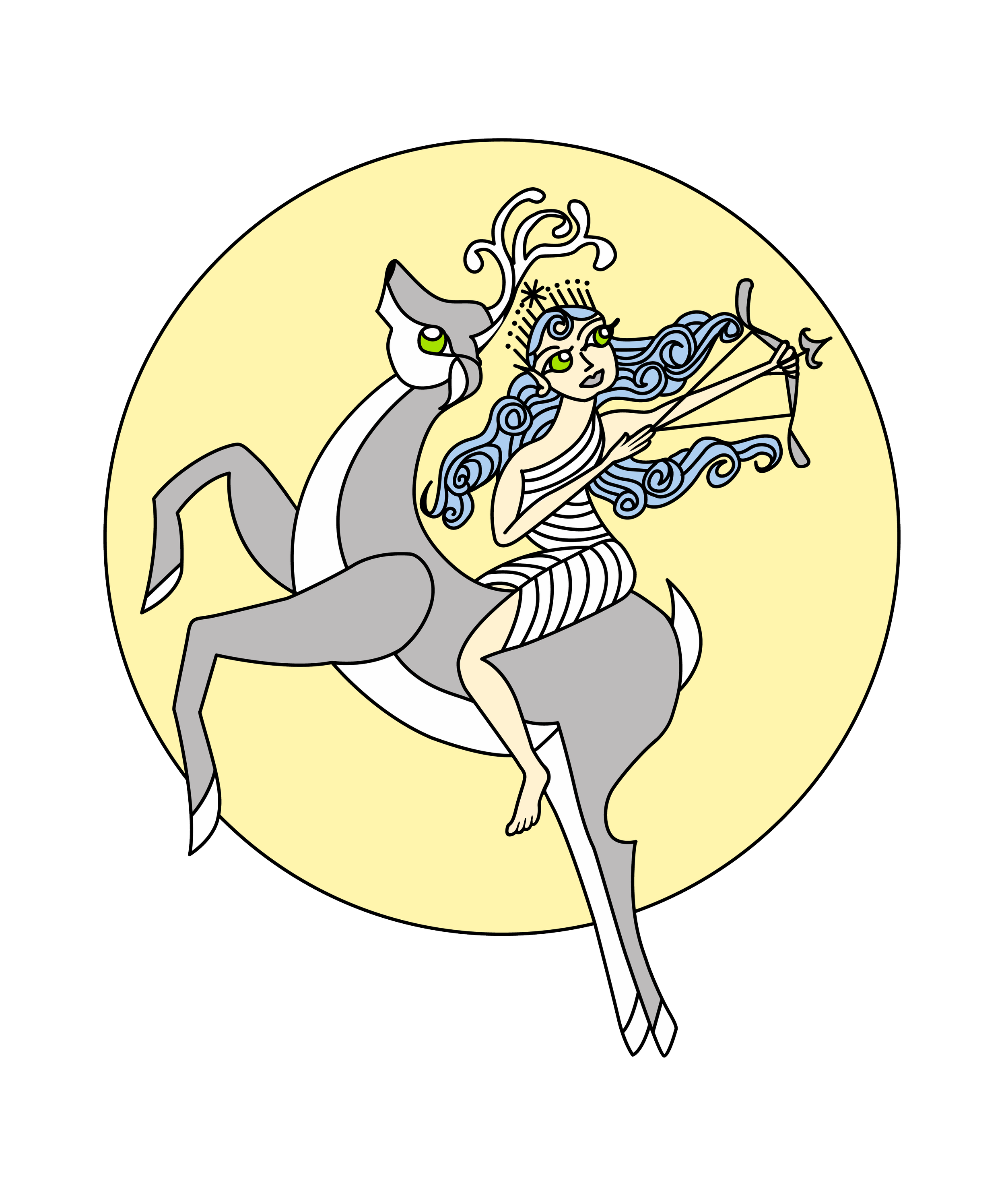 An image of the goddess Diana with her bow drawn atop a deer buck with the moon behind them as if they are flying through the sky