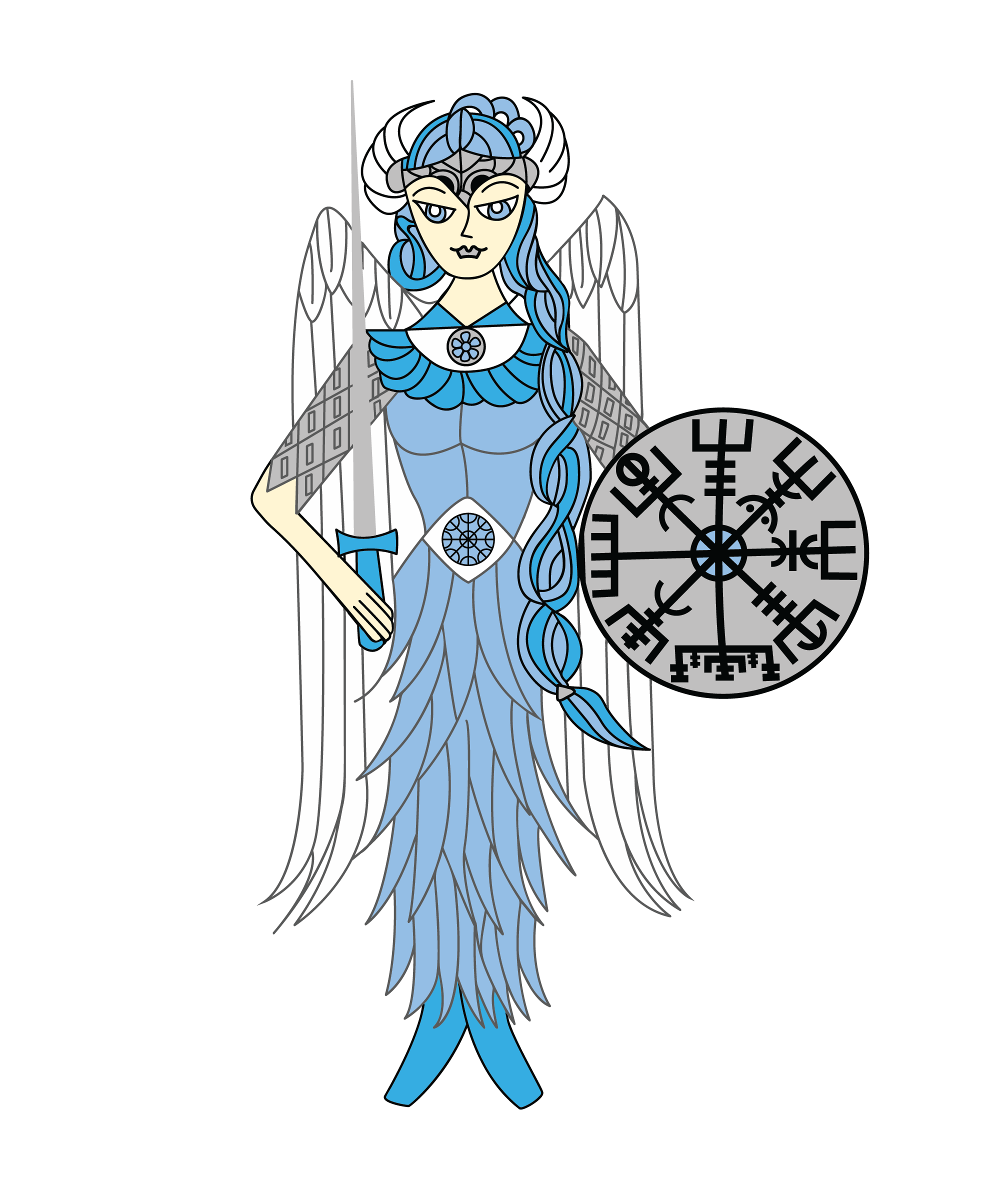 Illustration of a regal female figure with long braided hair, adorned in blue and gray armor, holding a staff and shield, with large white wings and a dark background.