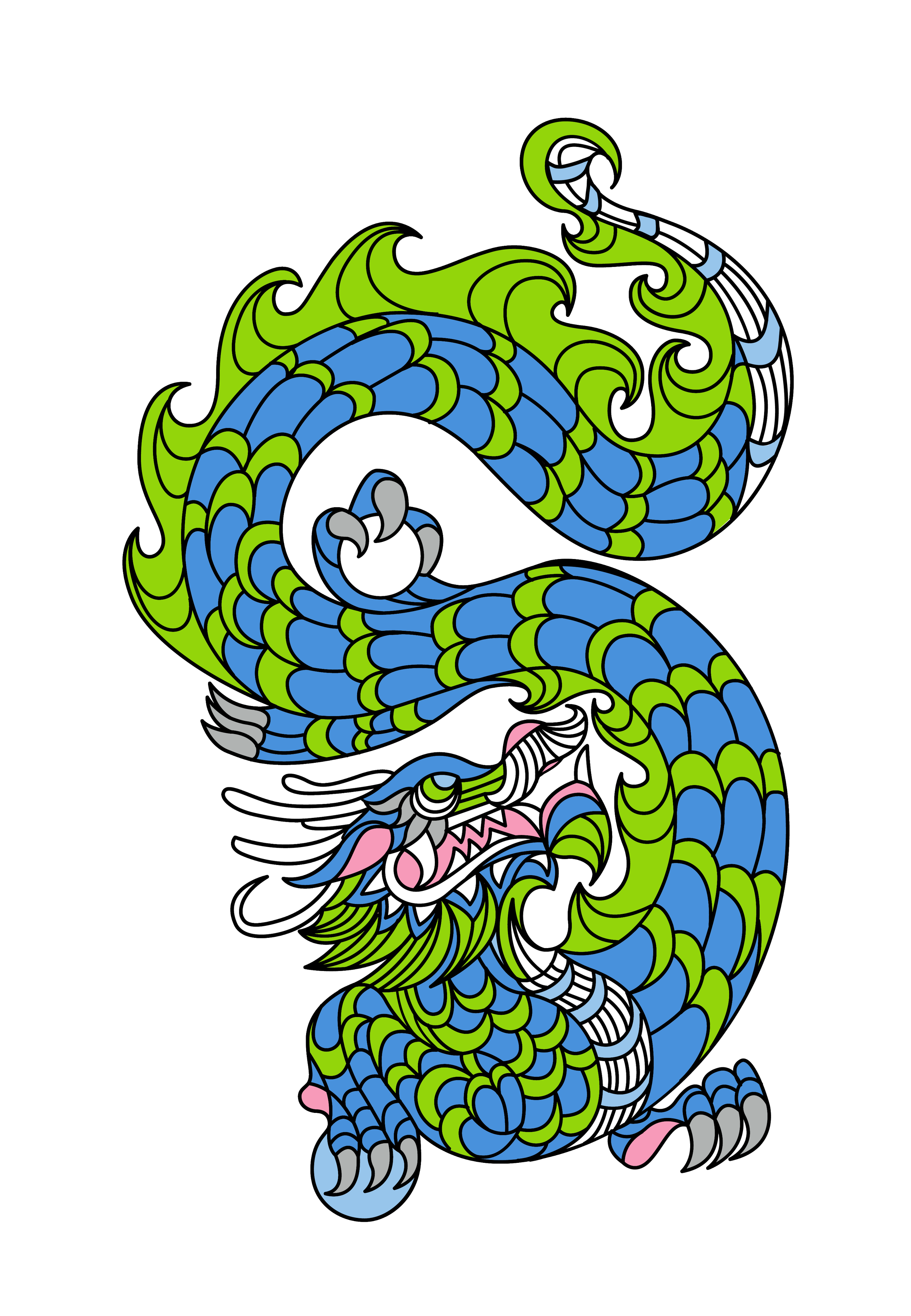 Colorful illustration of a traditional Asian dragon with green, blue, white, black, and pink scales and features, set against a black background.