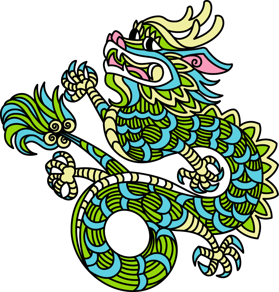 A. green and blue Asian dragon facing upward with his tail coiled