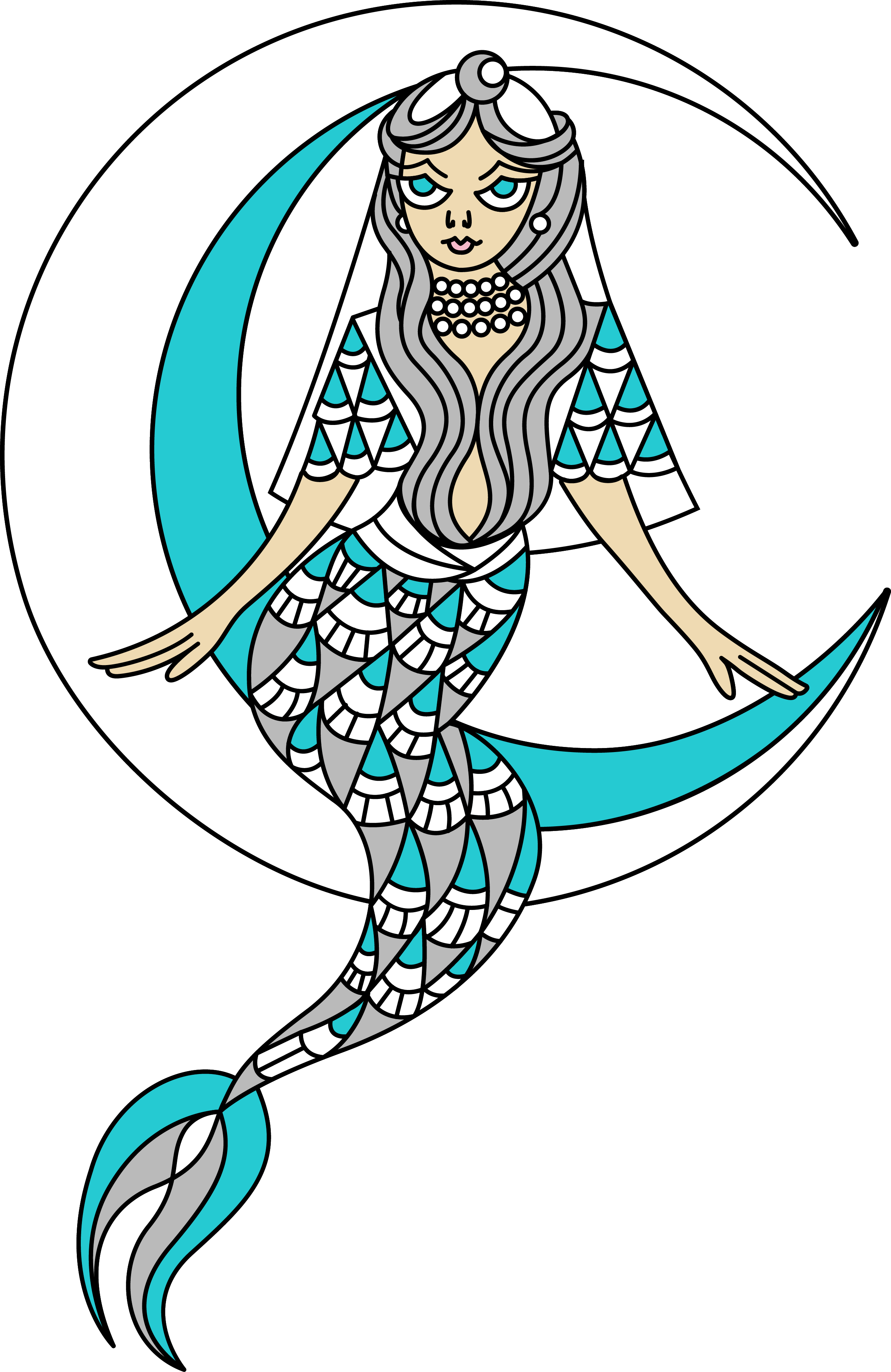 An illustration of a mermaid with long wavy gray hair, wearing pearl necklaces, sitting on a crescent moon with a lot of blue, black, white, and beige colors.