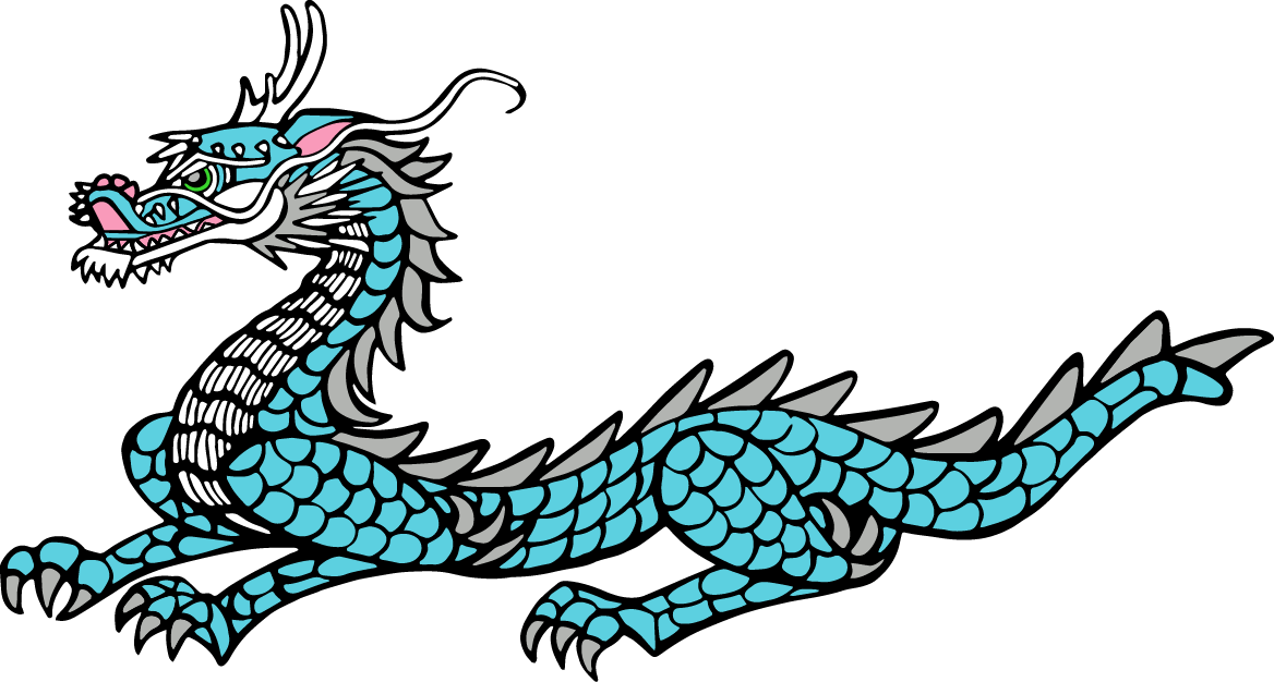 Horizontal. teal, silver and white Japanese dragon