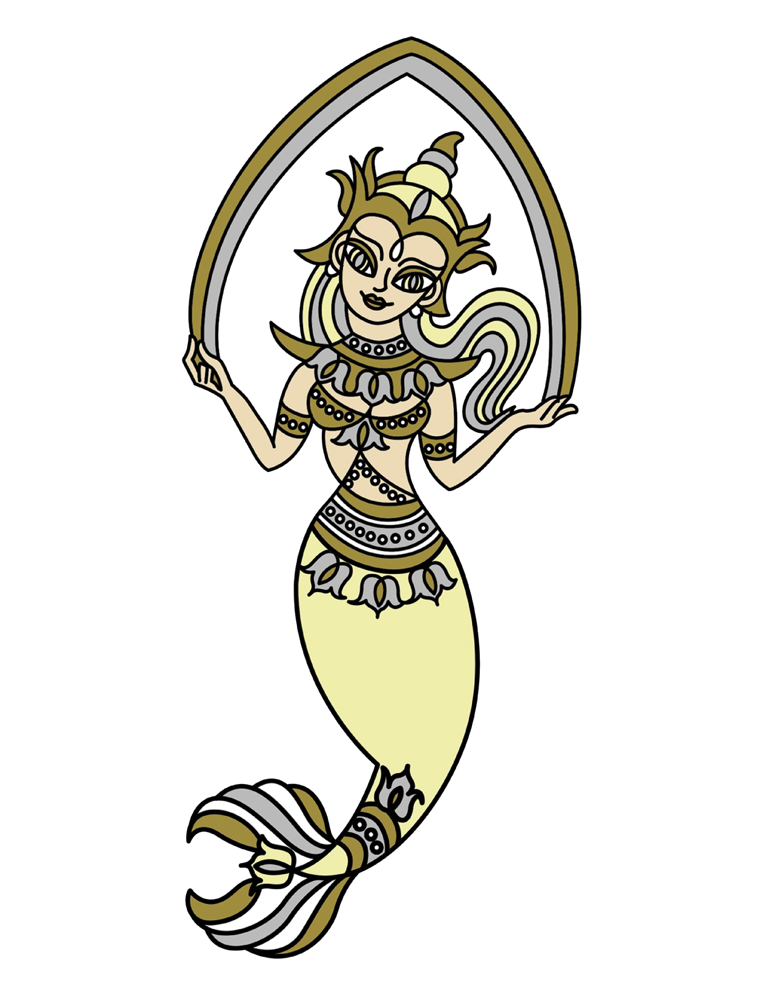Illustration of a mermaid with long flowing hair, holding a mirror, decorated with jewelry and scales, blending human and fish features.