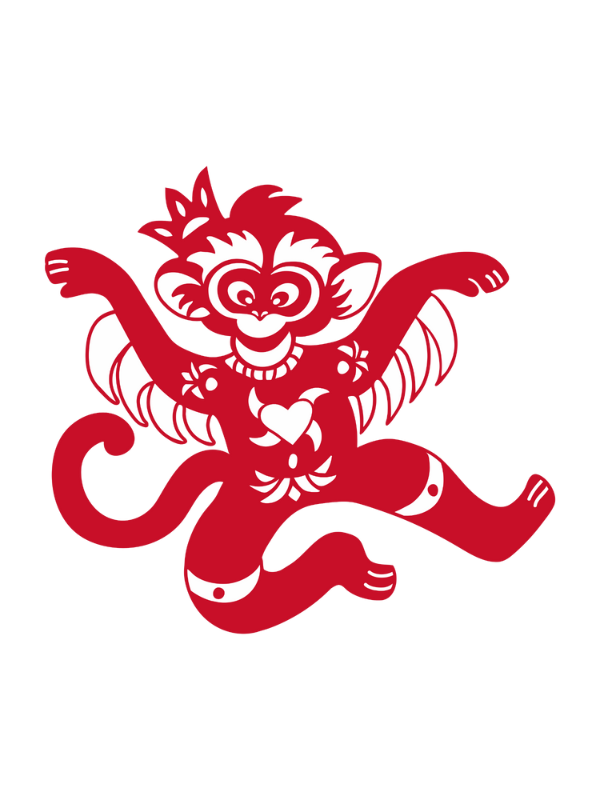 A red and white stylized cartoon character of a Chinese dragon or lion with wings, dancing and smiling, with a heart on its chest and decorative markings.
