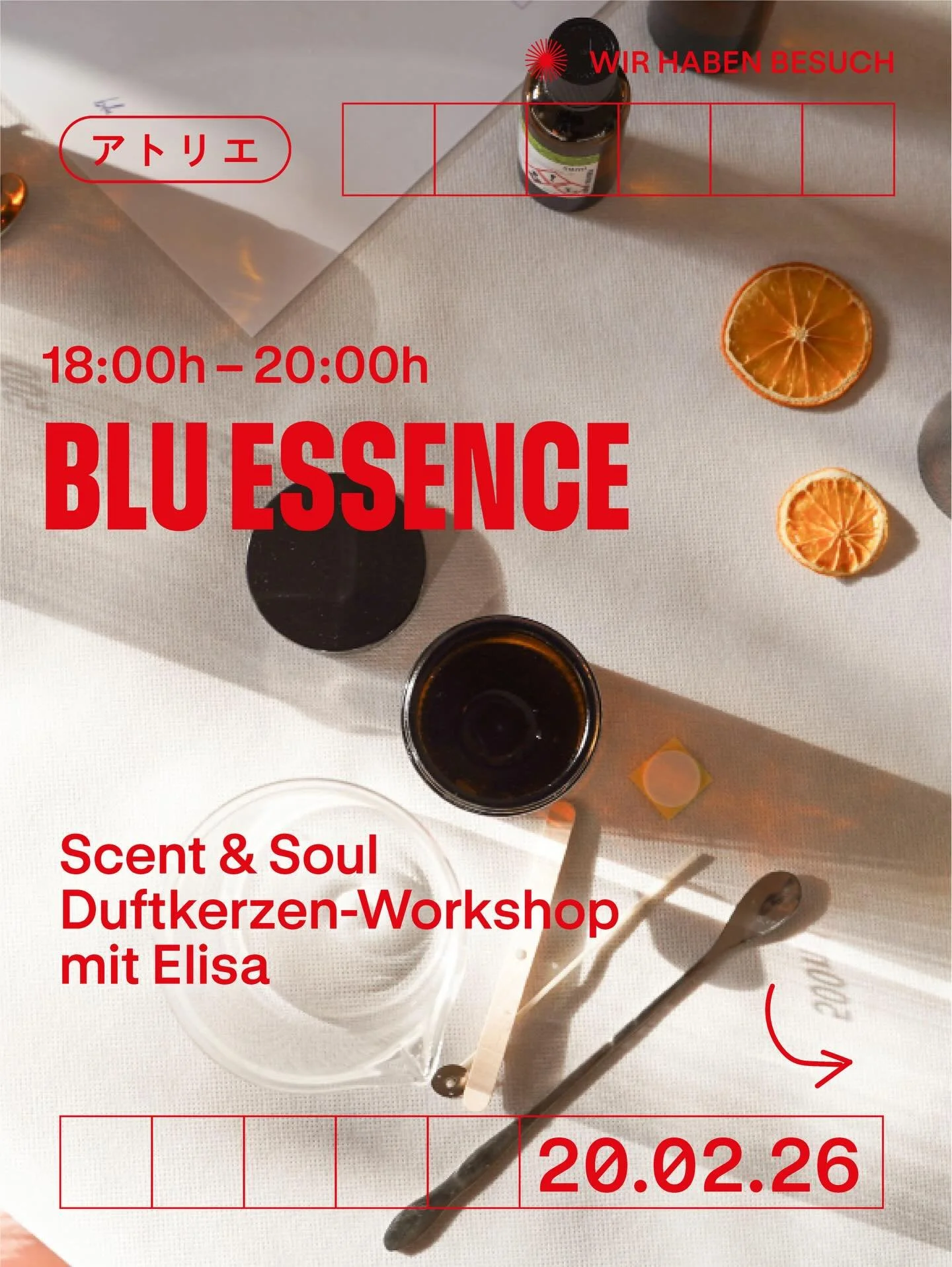 Wir freuen uns SEHR &uuml;ber unseren zweiten Gastworkshop bei アトリエ atorie!
Stent &amp; Sound - Duftkerzen-Workshop mit @i.feel.blu 

Zeit:
Freitag 20. Februar 2026 &ndash; 18.00 Uhr &ndash; 20.00 Uhr
Programm: Duftkerzen-Workshop Einf&uuml;hrung in 