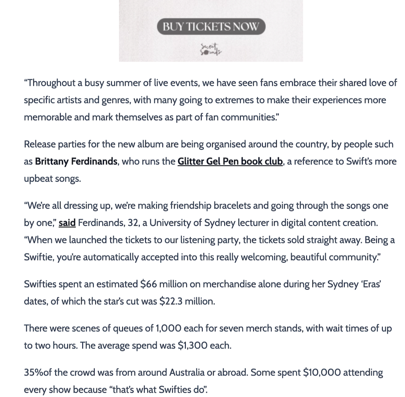 Glitter Gel Pen Book club mention in The Music