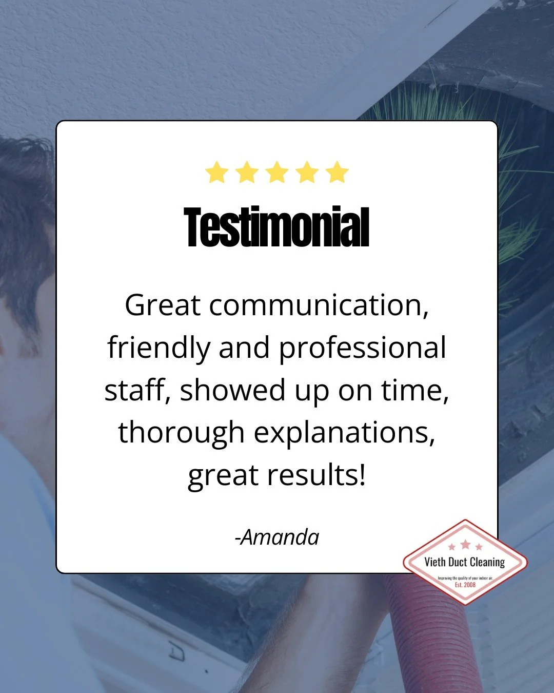 ⭐️⭐️⭐️⭐️⭐️
Thank you, Amanda, for sharing your experience with Vieth Duct Cleaning!

Book your duct cleaning today and experience the difference!

🔗 www.viethductcleaning.com
📞 715-735-7579

#CustomerTestimonial #DuctCleaning #AirQuality #CleanLivi