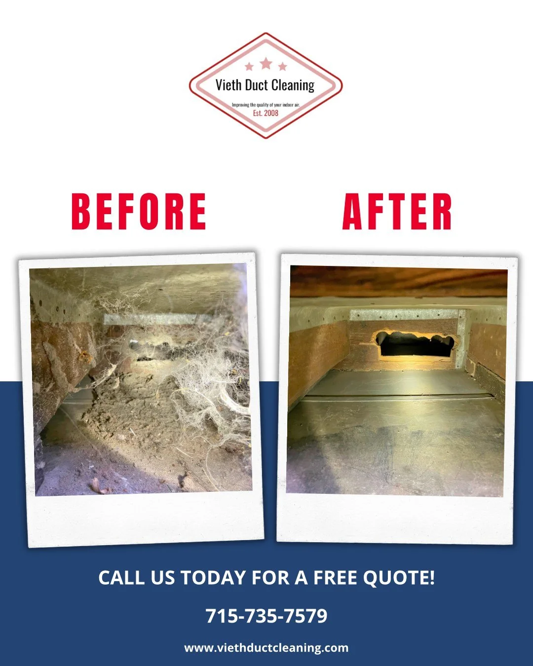 Take a look at that difference 🤯💨

Dust, debris, pet hair and dander all cleaned up by our team. 

Freshen up your air today - we are now booking into the 3rd week of November!
💻 viethductcleaning.com
📞 715-735-7579

#DuctCleaning #BeforeAndAfter