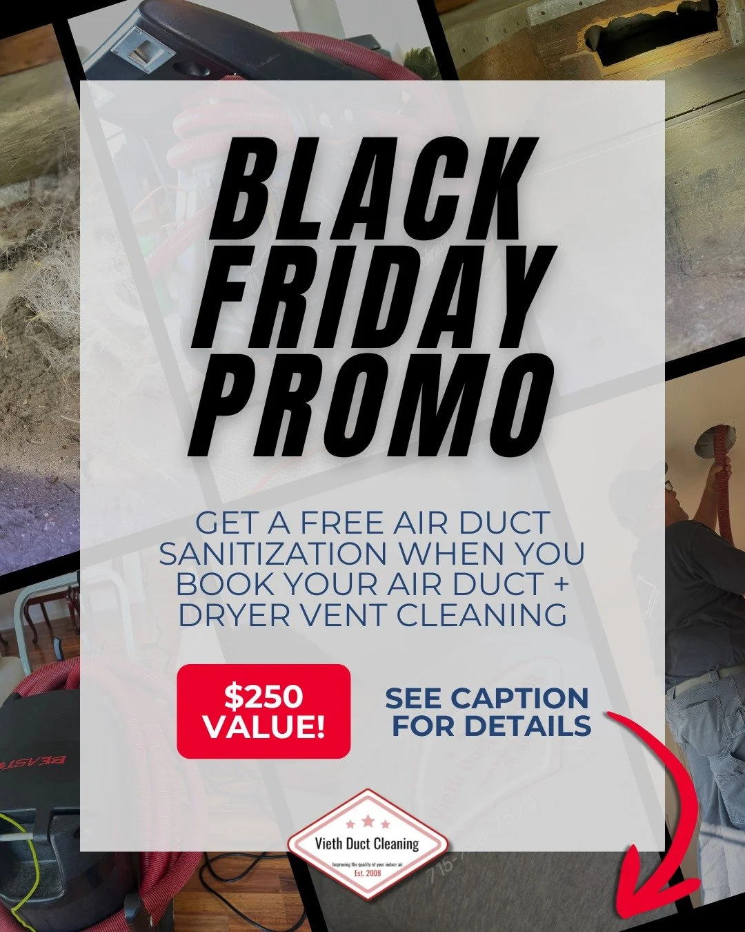 🖤 Black Friday Deal: Book your Air Duct + Dryer Vent Cleaning and get FREE Air Duct Sanitization ($250 value)!

This exclusive offer is valid when you book your cleaning for any time in January, but you must reserve your spot by Cyber Monday to lock
