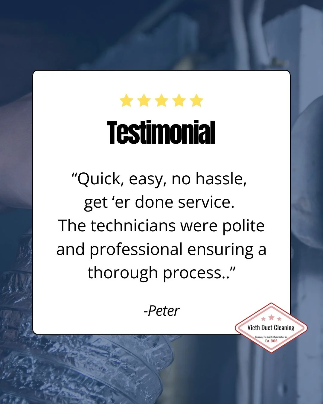 &ldquo;Quick, easy, no hassle service.&rdquo; Thank you, Peter, for trusting Vieth Duct Cleaning with your home&rsquo;s air quality.

Ready for a cleaner, healthier home?
🌐 Visit: viethductcleaning.com
📞 Call: 715-735-7579

#ViethDuctCleaning #AirQ