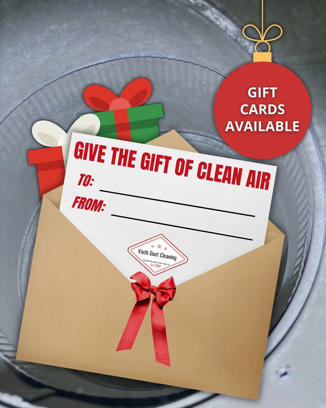 🎁 Give the gift of clean air this season!
Vieth Duct Cleaning gift certificates are available and make a thoughtful gift for a healthier, happier home. 

Contact us today to get your gift certificate!
🌐 www.viethductcleaning.com
📞 (715) 735-7579

