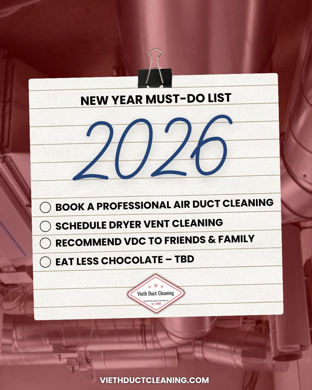 Clean, fresh air ducts &mdash; handled ✔️
Eat less chocolate &mdash; still pending 🍫

Kick off 2026 with cleaner air in your home.
🌐 viethductcleaning.com
📞 (715) 735-7579

#ViethDuctCleaning #AirDuctCleaning #CleanAirStartsHere 
#NewYearHome #202