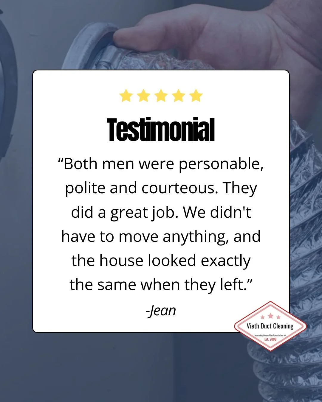 ⭐️⭐️⭐️⭐️⭐️
Nothing makes us happier than feedback like this. Thank you, Jean, for trusting our team!

Contact us today for your FREE QUOTE!
viethductcleaning.com | (715) 735-7579

#ViethDuctCleaning #HappyClients #DuctCleaning #HomeServices #CleanHom