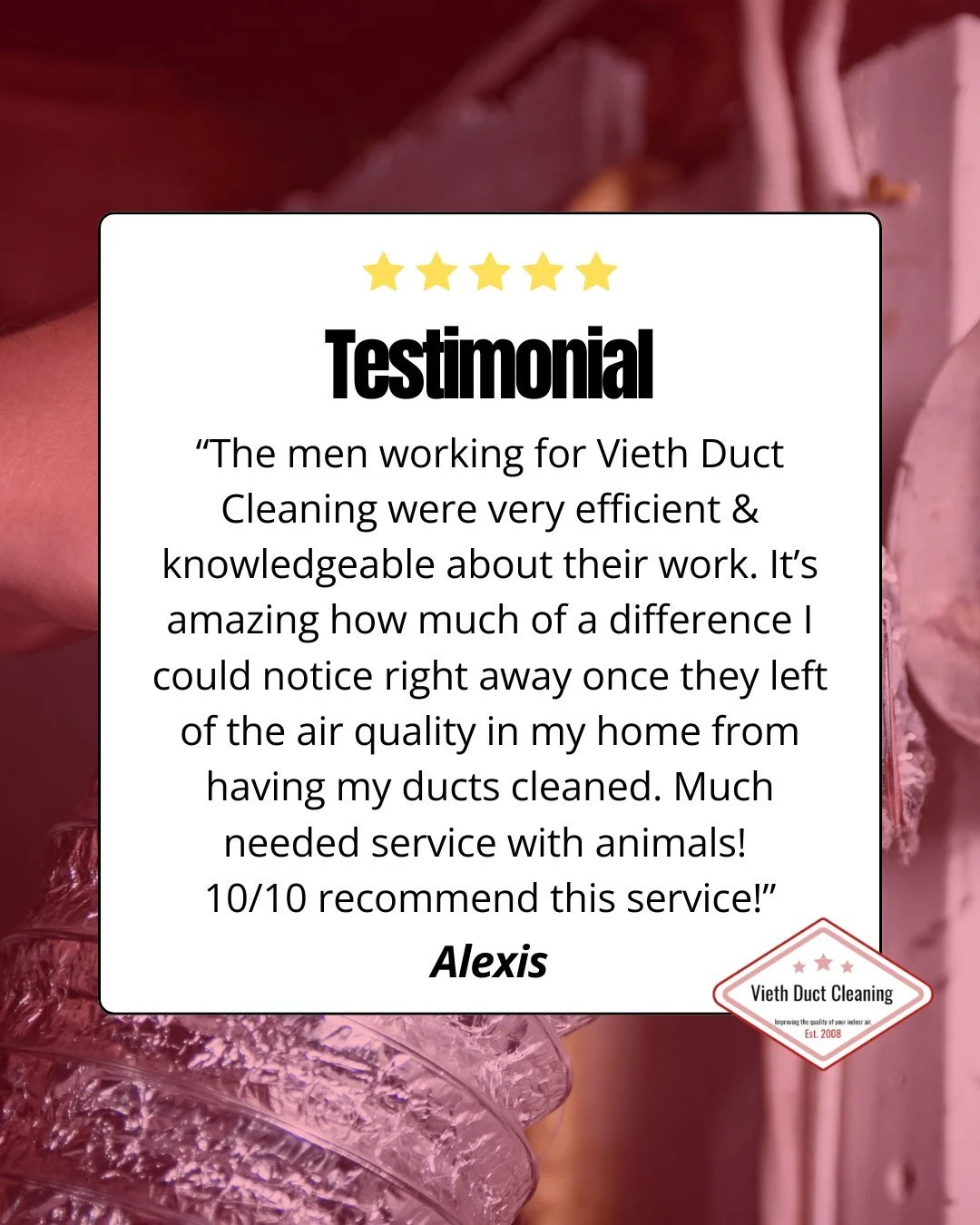 When your air ducts are clean, you don&rsquo;t just see the difference, you feel it! (especially for homes with pets 🐾).

Thank you, Alexis, for trusting Vieth Duct Cleaning! ⭐⭐⭐⭐⭐

Ready to breathe easier in your home?
🌐 Visit viethductcleaning.co