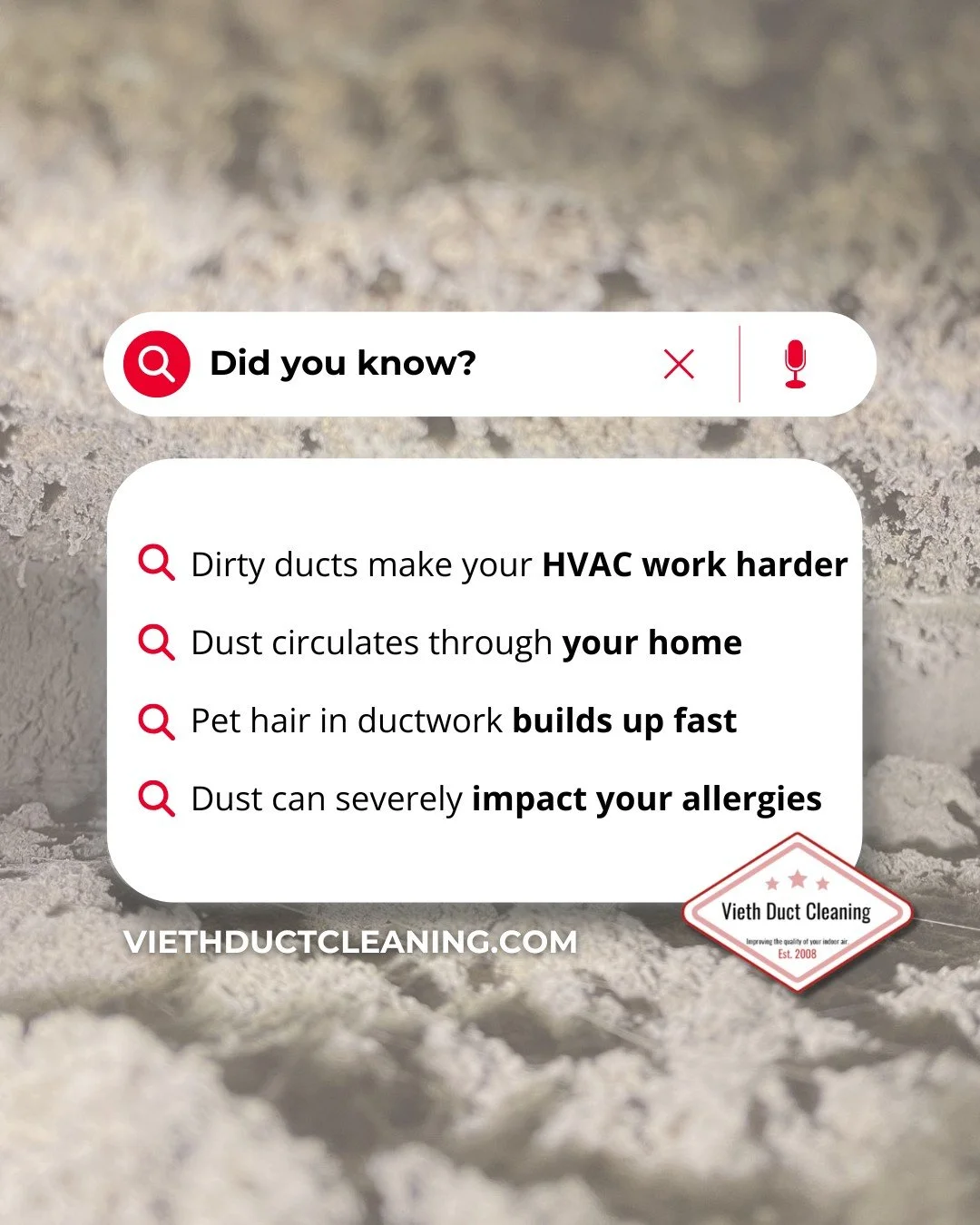 Did you know your air ducts could be affecting your air quality more than you think? 👀

Cleaner ducts mean cleaner air, better airflow, and a healthier home.

Contact us today!
🌐 Visit viethductcleaning.com for a free quote!
📞 (715) 735-7579

#Vie