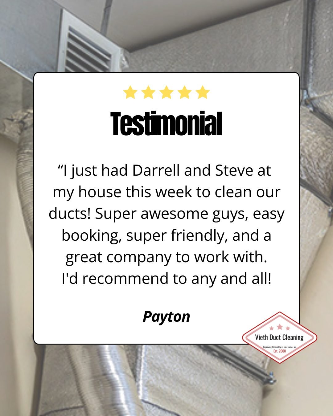 Thanks for the 5-star review Payton! ⭐️⭐️⭐️⭐️⭐️
Helping homeowners breathe easier with cleaner air is what we&rsquo;re all about.

Thinking about getting your ducts cleaned? We make the process easy from booking to service.

📅 Book online: viethduct