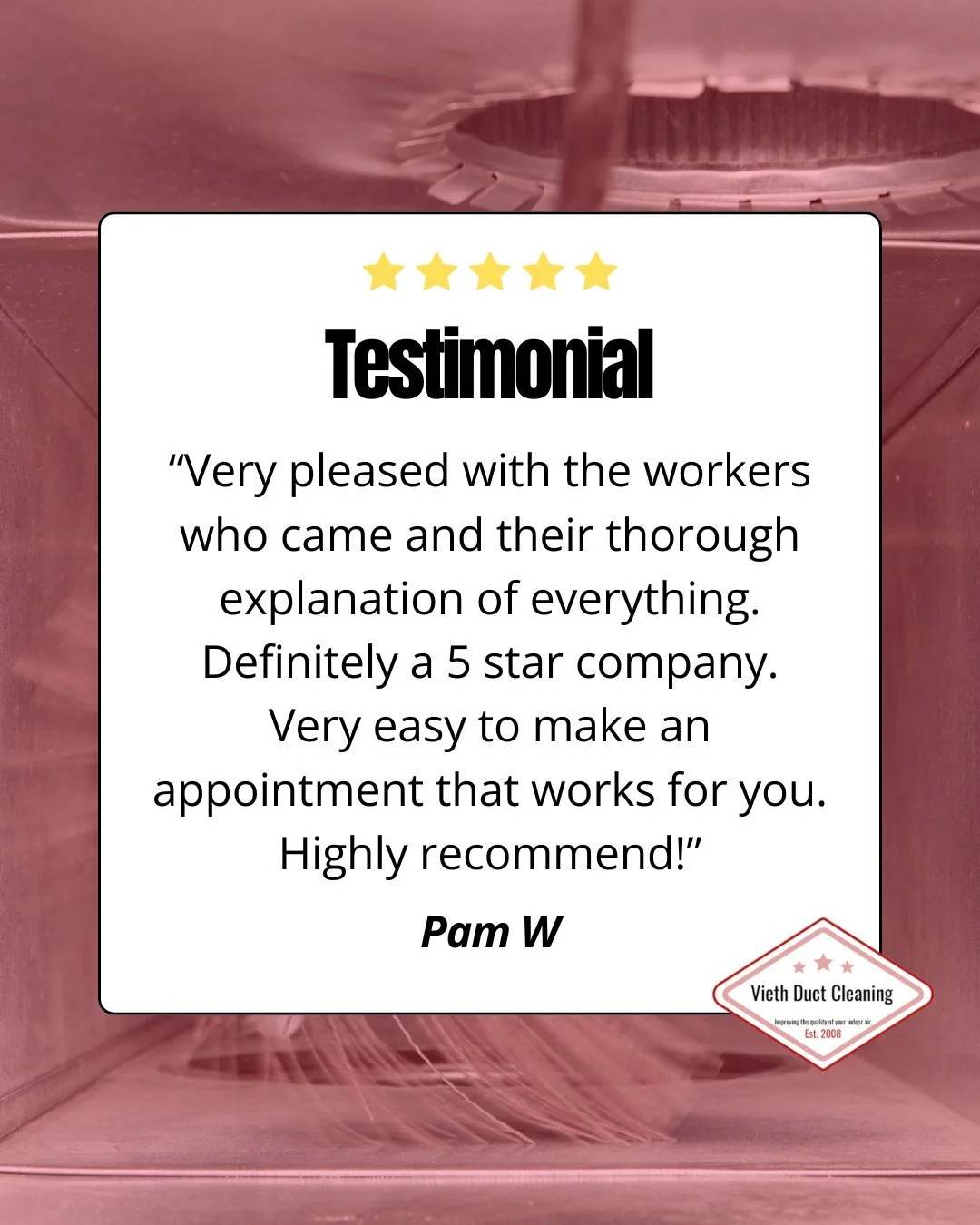 Transparency and trust are what we pride ourselves on!🙌

We appreciate every kind word. Thank you for trusting us with your home, Pam! 💨

Get your free quote today!
🌐 Viethductcleaning.com
📞 (715) 735-7579

#Testimonial #DuctCleaning #SupportLoca