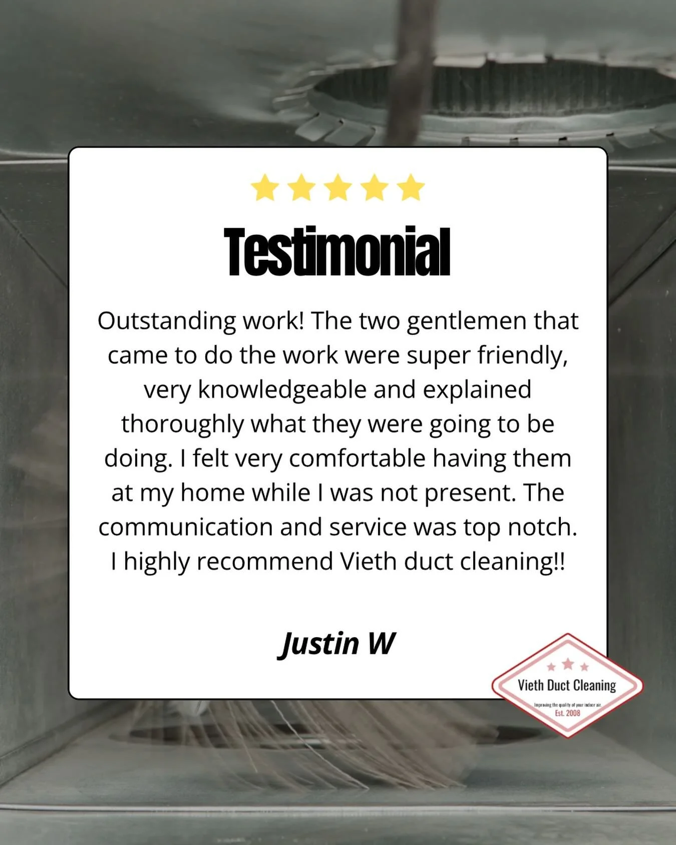 We appreciate every kind word. Thank you for trusting us with your home, Justin! 💨

Get your free quote today!
🌐 Viethductcleaning.com
📞 (715) 735-7579

#Testimonial #DuctCleaning #SupportLocal #ViethDuctCleaning #Marinette Menominee Peshtigo