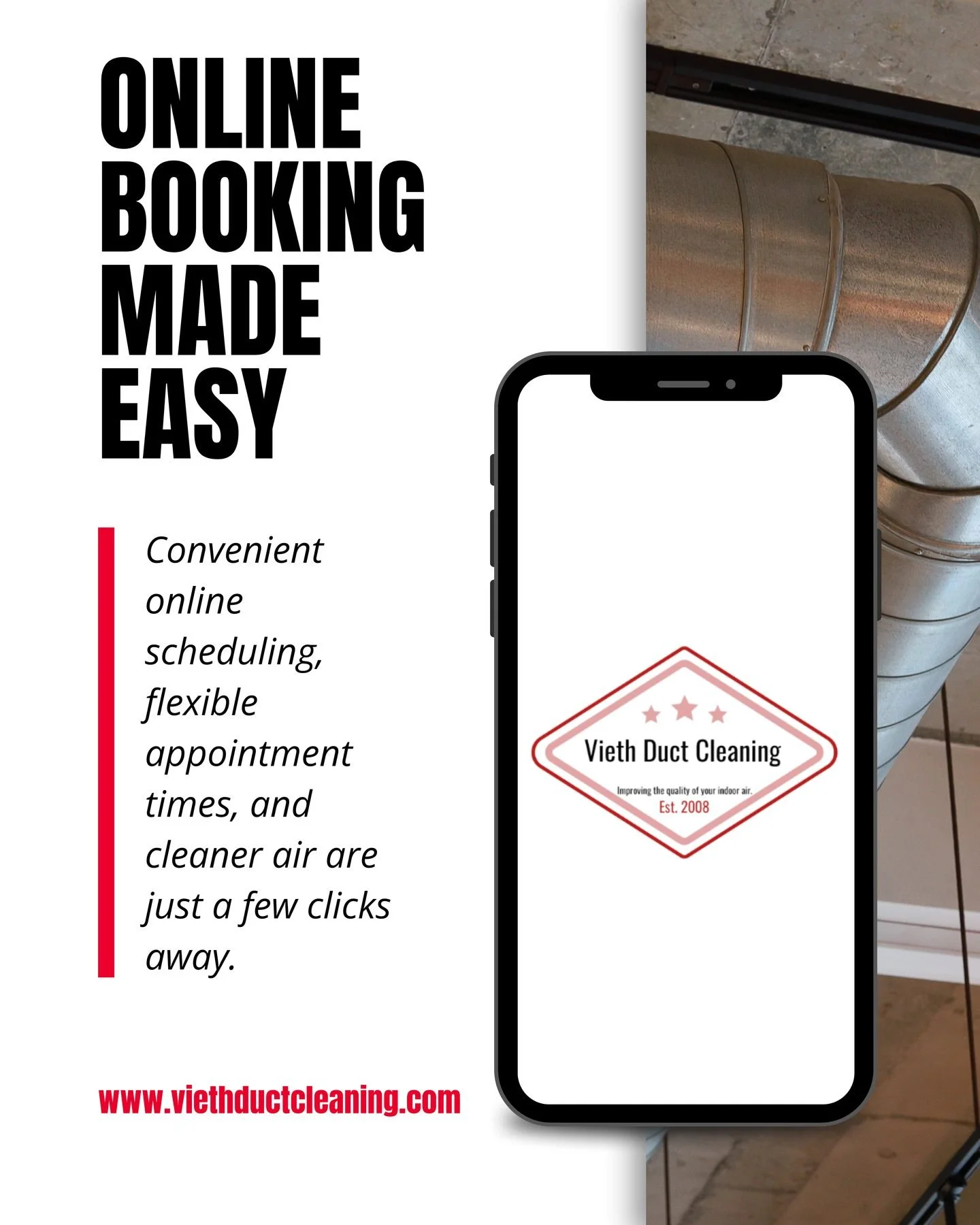 Need your ducts cleaned? We've made booking simple.

With our online booking system, you can schedule your duct cleaning appointment anytime, from anywhere. Just choose a time that works for you, submit your information, and we'll take care of the re