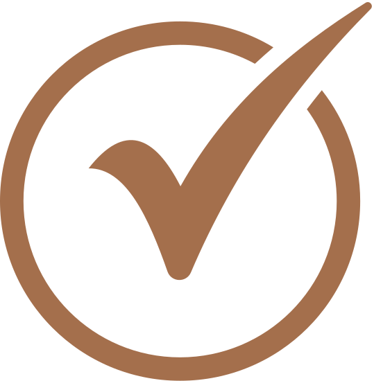 A brown check mark inside a brown circle.