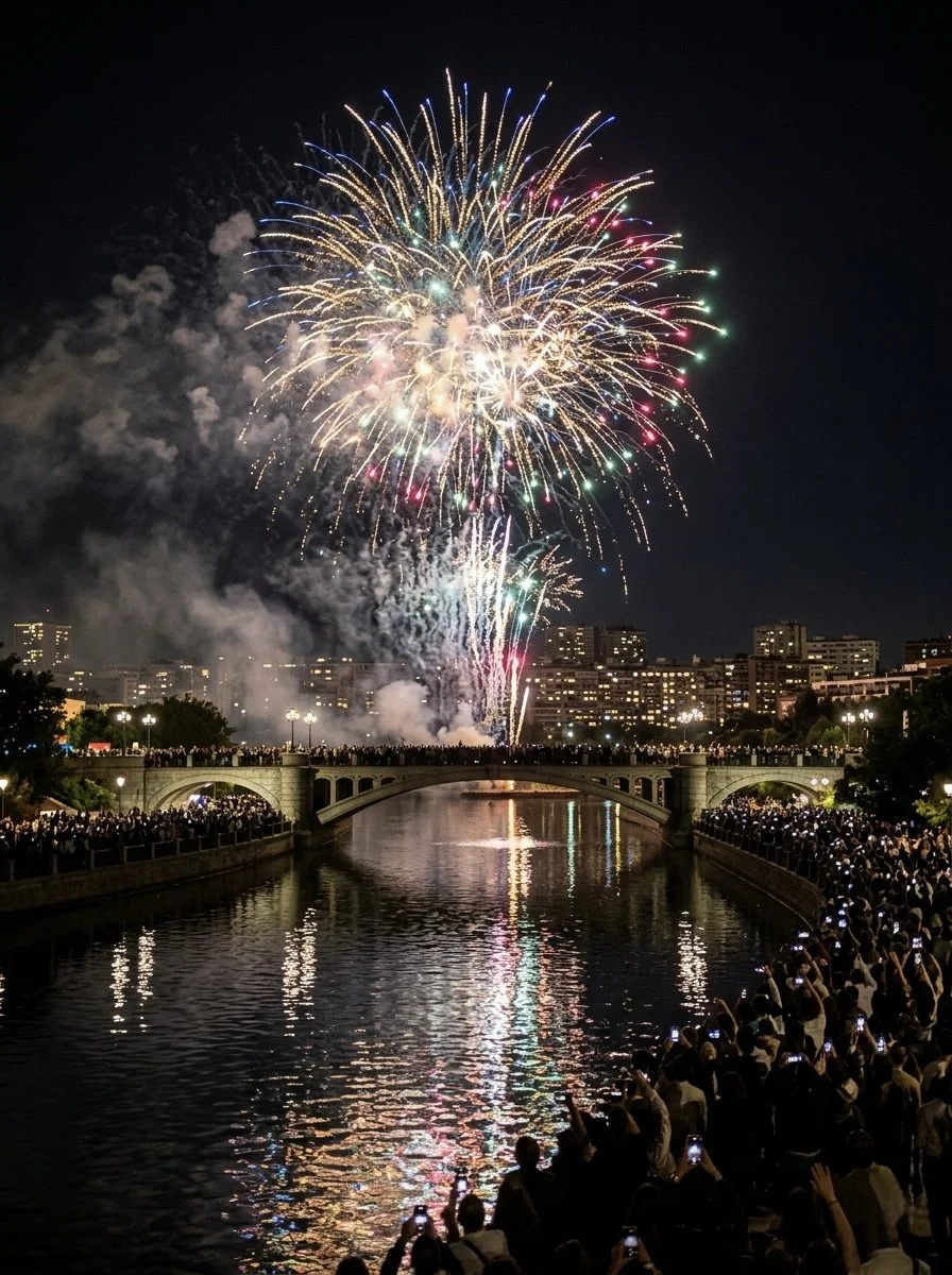 Fuegos artificiales de San Isidro iluminando el cielo de Madrid en la noche del 15 de mayo.