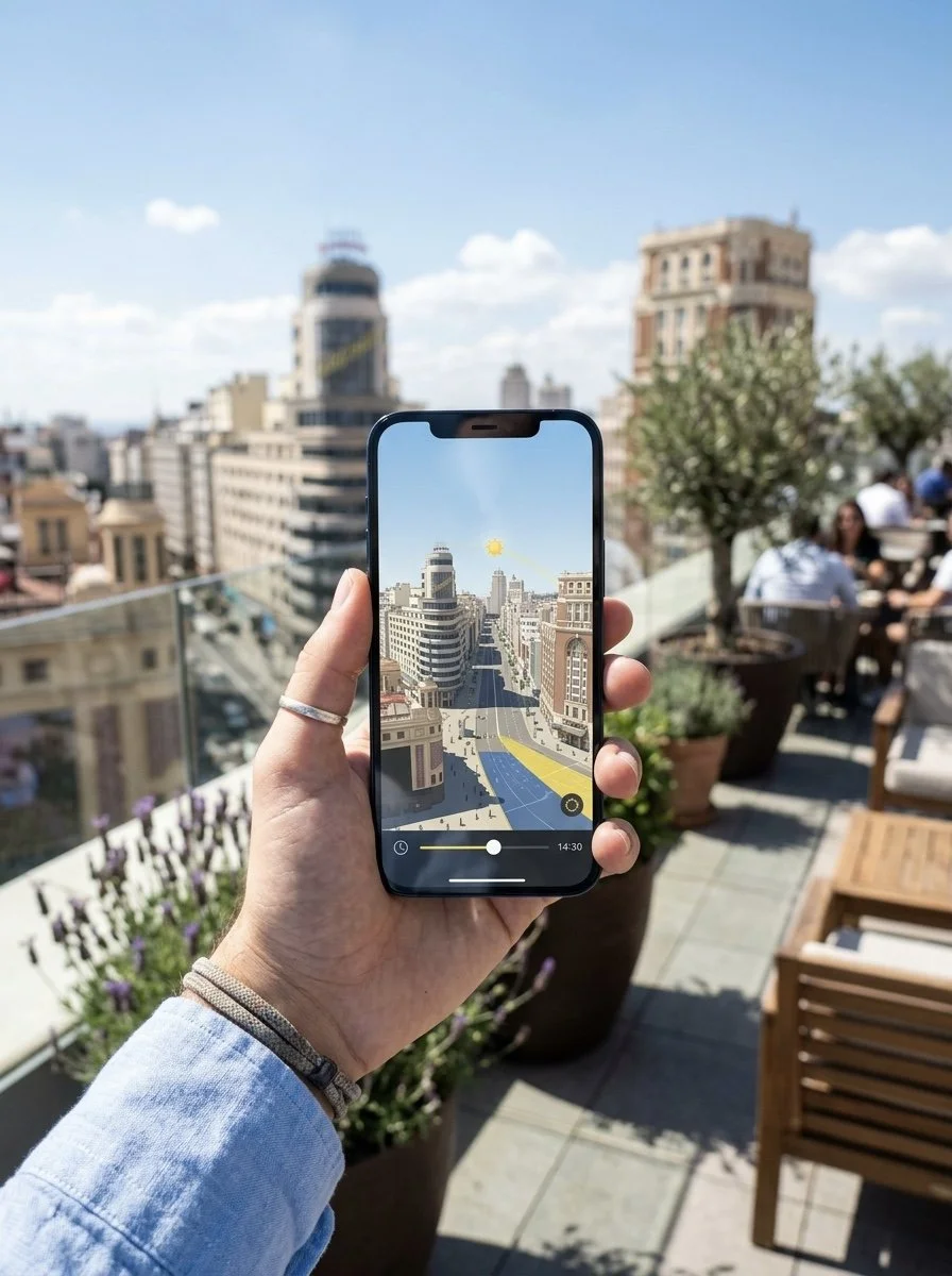 Móvil con mapa 3D de sombras para elegir la mejor hora de sol en Madrid centro.