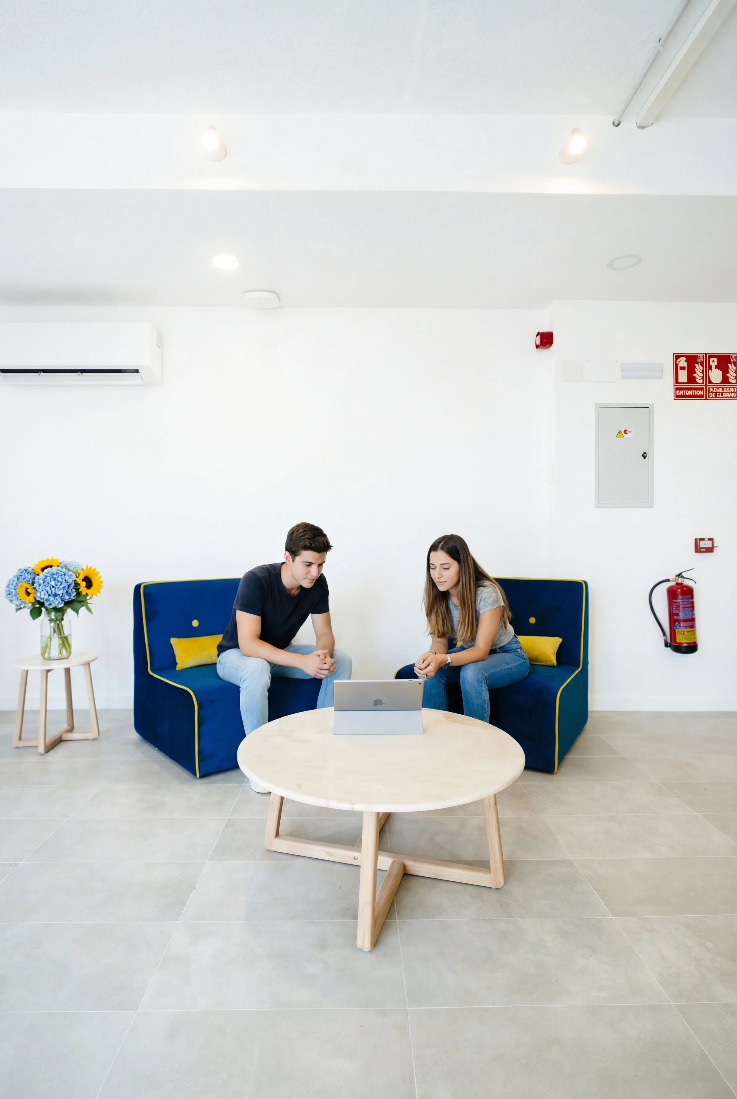 Dos huéspedes en sofás azules revisan un portátil en una zona común amplia y minimalista.