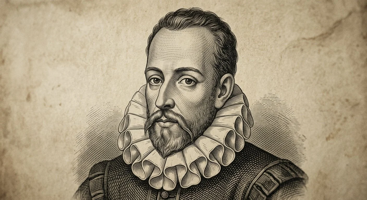 Retrato de Miguel de Cervantes en estilo grabado, con textura realista de papel.