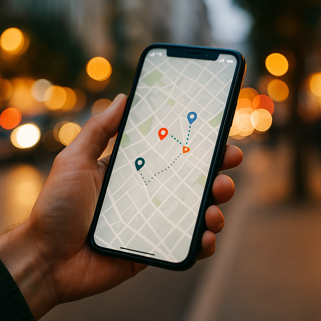 Mano consultando en el móvil un mapa con paradas de coctelería cerca de Gran Vía.