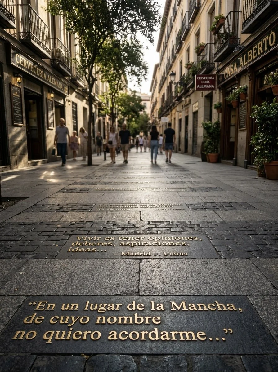 Frases literarias incrustadas en el suelo de la Calle de las Huertas, Barrio de las Letras (Madrid).