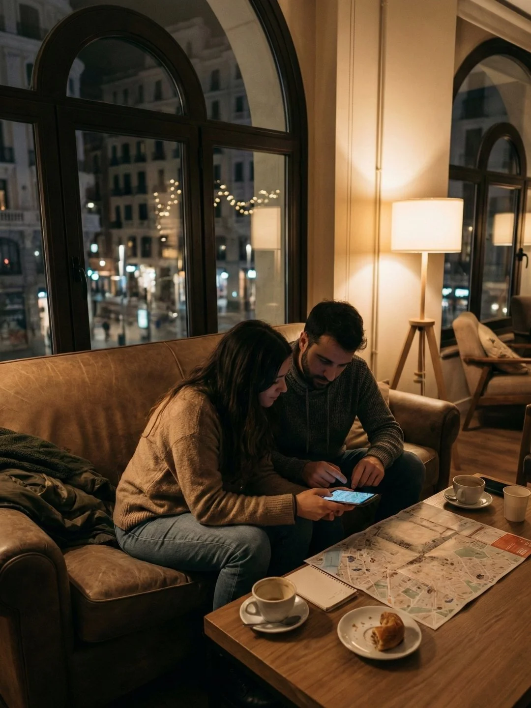 Pareja organizando su plan del Año Nuevo Chino en Madrid desde un alojamiento tranquilo en Gran Vía.