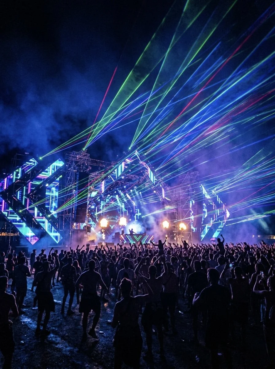 Ambiente de festival urbano en Madrid con luces de neón y público celebrando un concierto.