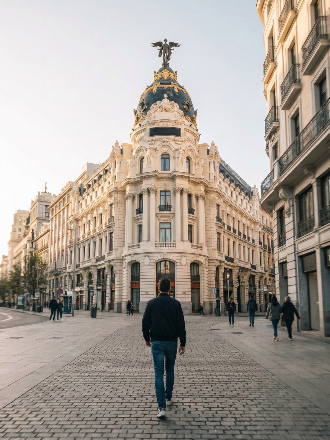Plano subjetivo caminando hacia el Edificio Metrópolis por la Calle de Alcalá.