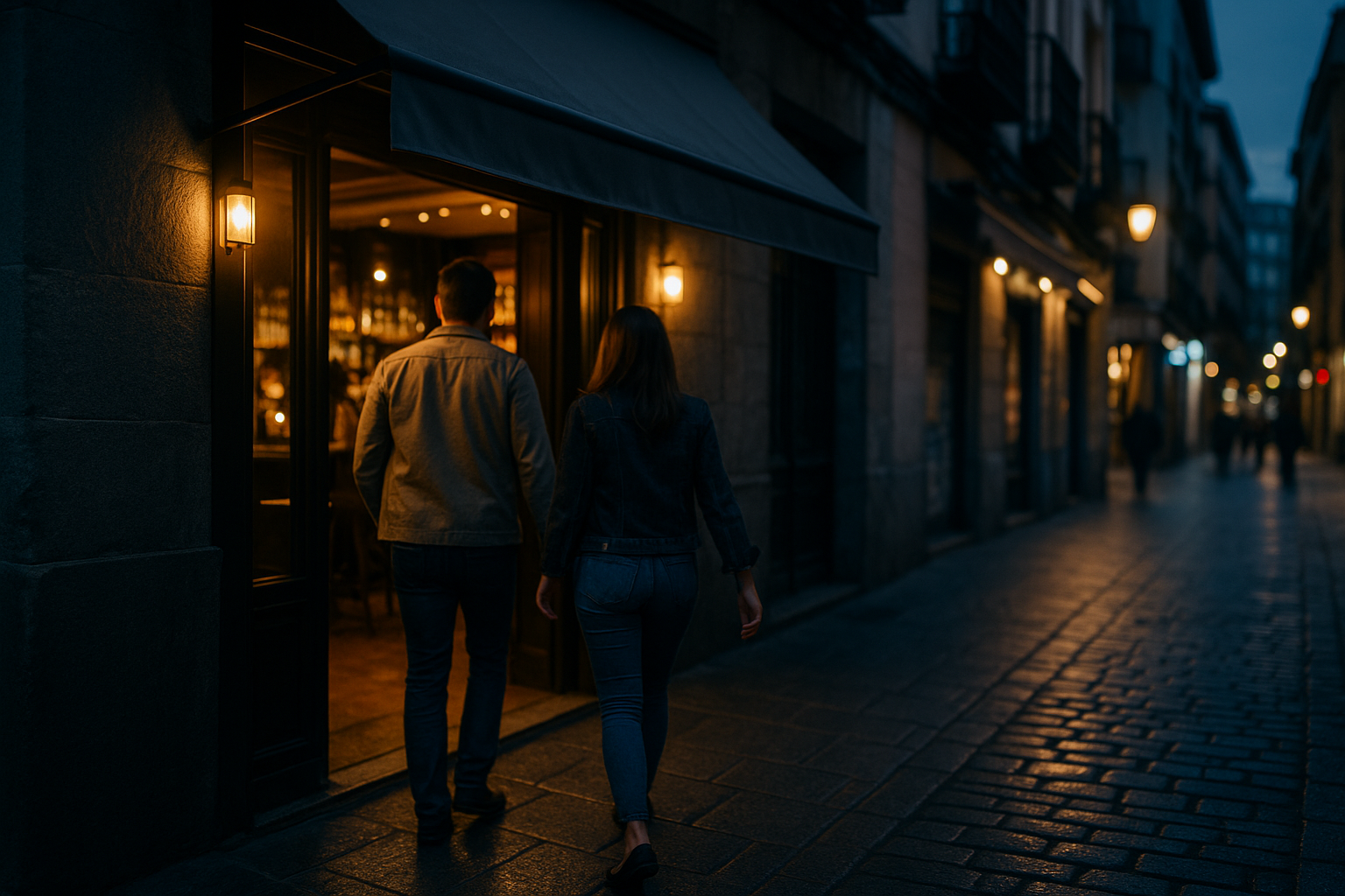 Pareja entrando en una coctelería de Chueca durante Madrid Cocktail Week.