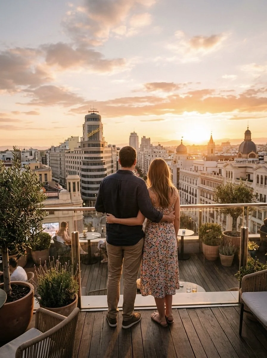 Atardecer en una terraza del centro de Madrid con luz dorada.