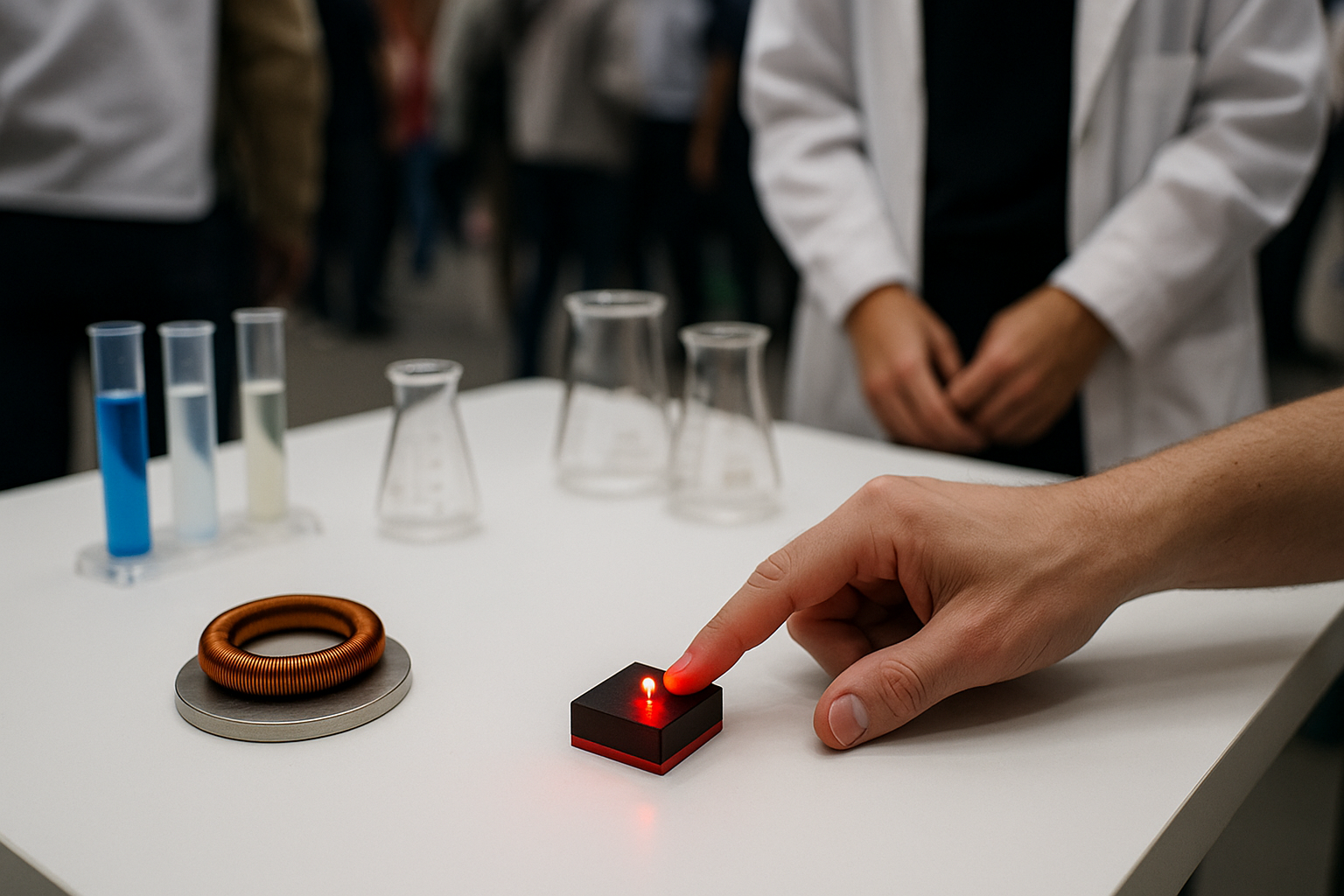 Plano subjetivo sobre mesa de stand; probetas, imanes o leds; personal sin rostros identificables.