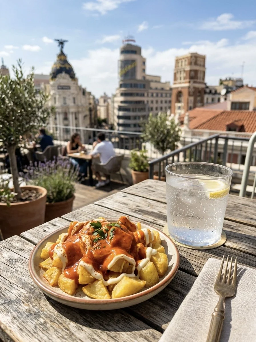 Patatas bravas en terraza del centro de Madrid con luz de mediodía.