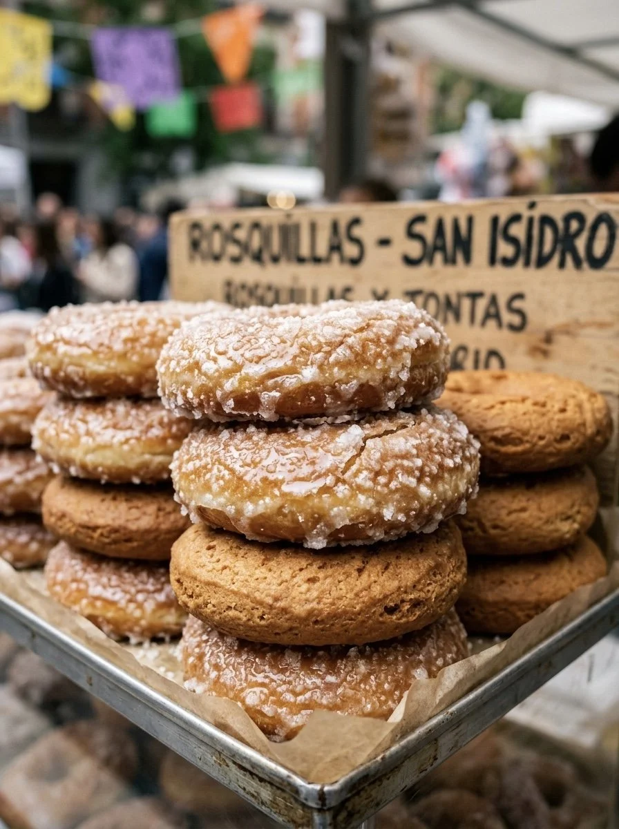 Rosquillas listas y tontas típicas de San Isidro en Madrid en un puesto tradicional.