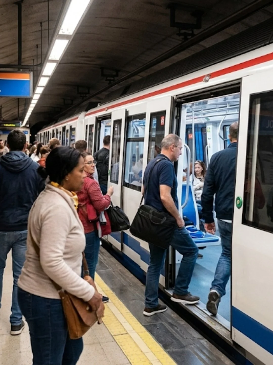 Interior del Metro de Madrid con viajeros durante la mañana.