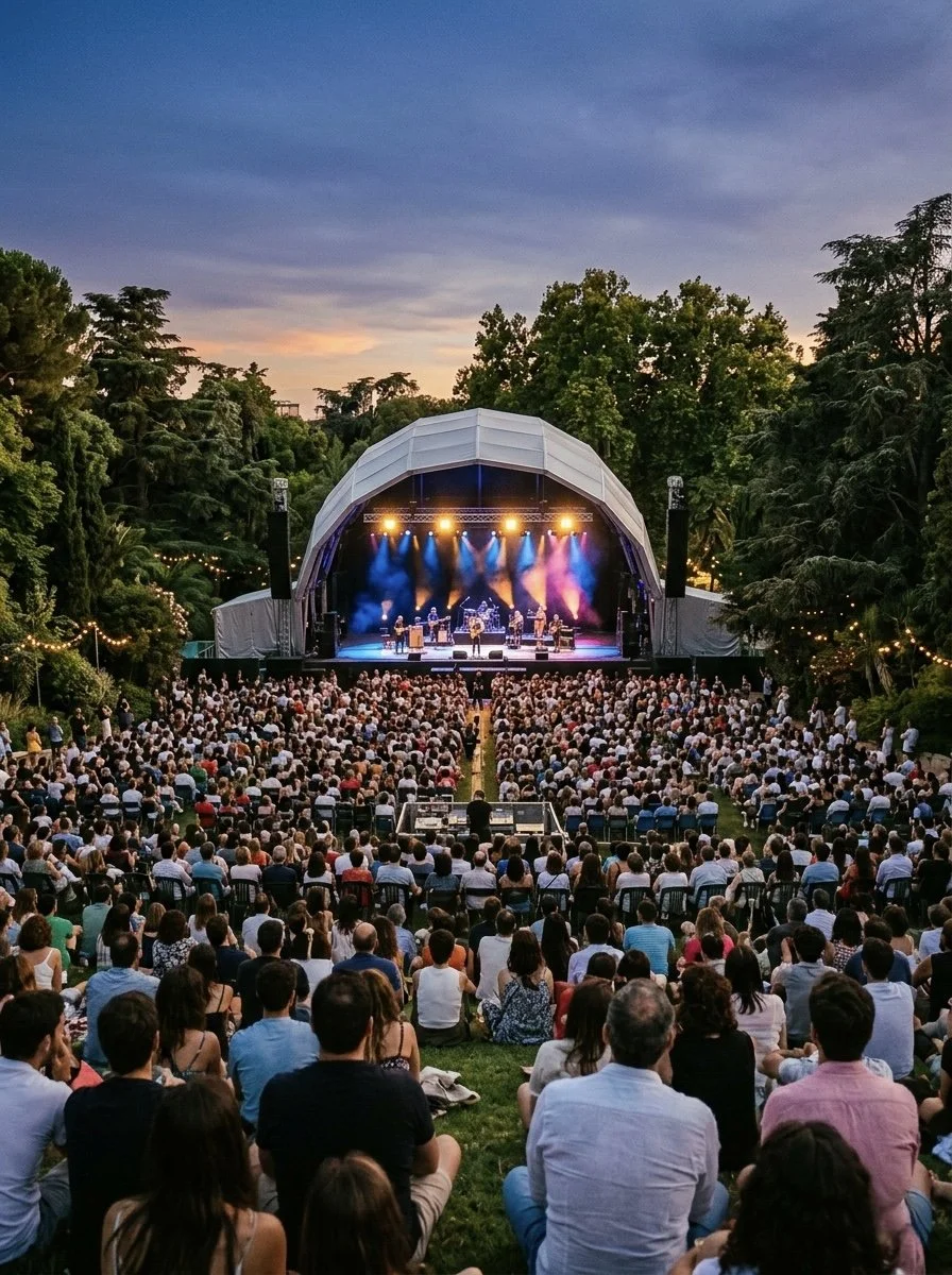 Concierto al aire libre en Noches del Botánico con público sentado y árboles alrededor del escenario.