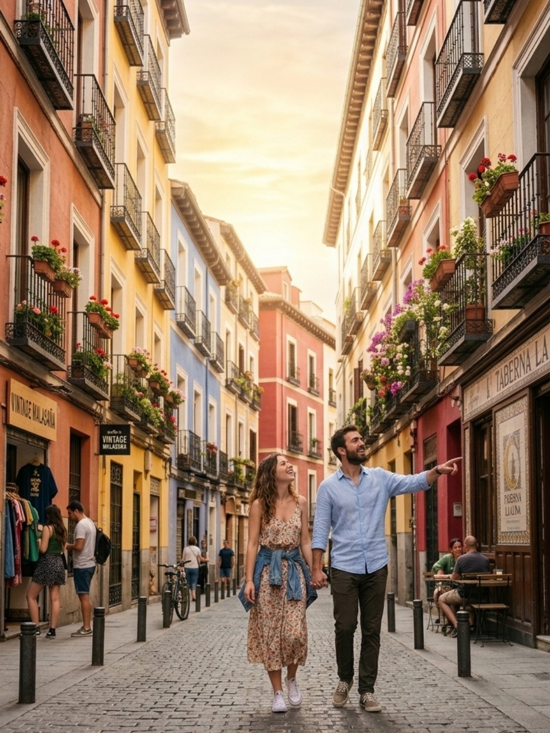 Pareja paseando por las calles creativas de Malasaña.