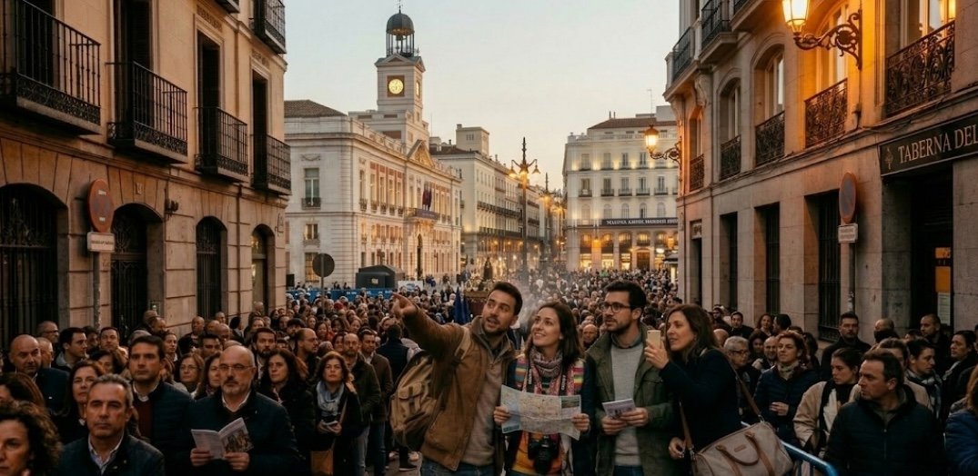 Personas esperando una procesión en Puerta del Sol.