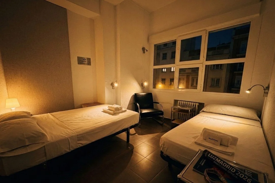 Habitación silenciosa de hotel en el centro de Madrid.