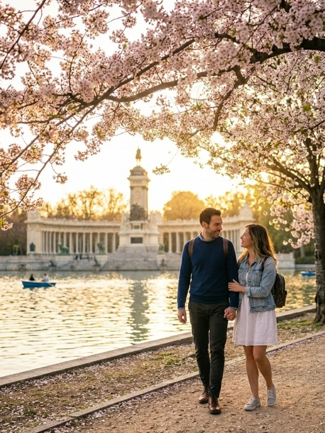 Pareja paseando junto al estanque del Retiro al atardecer.